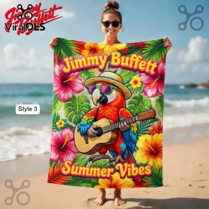 Jimmy Buffett Summer Vibes beach towel with a colorful parrot playing guitar, wearing a hat, surrounded by tropical hibiscus flowers!