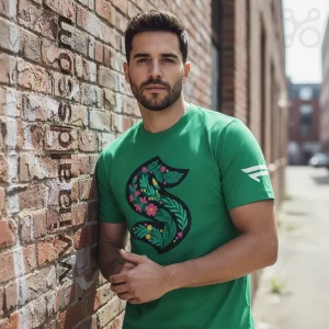 Green t-shirt with large floral S design featuring pink flowers, yellow accents, and dark green leaves! White stripe on sleeve!