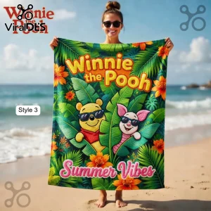Winnie the Pooh and Piglet beach towel with tropical leaves, sunglasses, and embroidered text 'Summer Vibes' in green and orange!