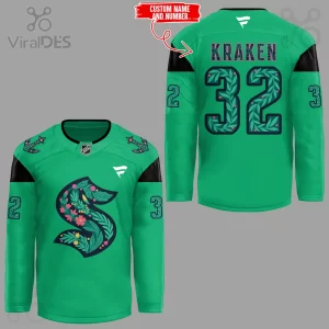 Bright green botanical Kraken hockey jersey! Floral S logo, leafy KRAKEN 32 text, anchors, sleeve numbers 2 and 3!
