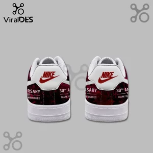 Custom white Nike sneakers with red heel graphic and white text '30th Anniversary Thank You For The Memories'!