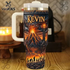Dark fantasy tumbler, lava volcano, black tower eye, walking figures, 