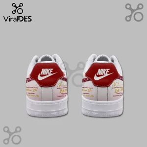 Custom white sneakers with red heel tab and gold script text 30th anniversary I'd Rather Be You and Me from behind!