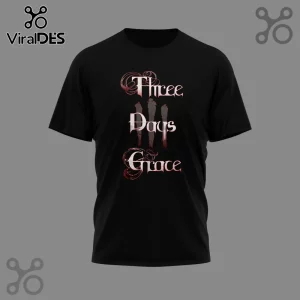 Black t-shirt with Three Days Grace band logo in a white and red ornate font with three vertical scratch marks!