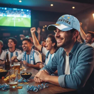 Distressed light blue denim cap with Argentine flag colors, sun logo, gold stars, and text 