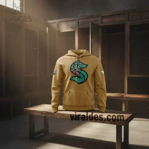 Khaki hoodie with a prominent, botanical 'S' logo in green, pink, and yellow hues! Features a small NHL logo on the sleeve!