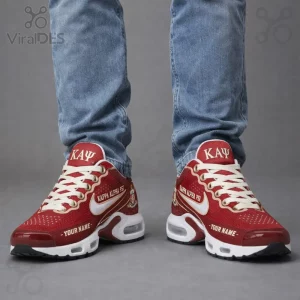 Maroon custom athletic sneakers with white Nike swoosh, gold trim, 