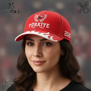 Red baseball cap with white embroidered TÜRKIYE and 2026 text, a soccer crest, and flame accents on the brim.!
