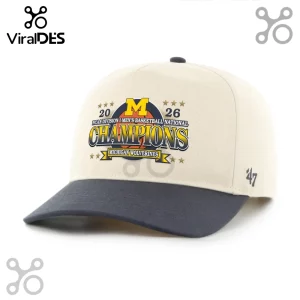 Beige gray cap with bold 'M NCAA DIVISION I MEN'S BASKETBALL NATIONAL CHAMPIONS MICHIGAN WOLVERINES 20 26' design and '47' logo!