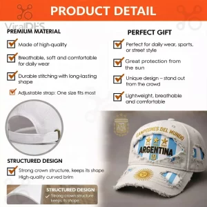 Grab this white distressed Argentina champion cap, text 'CAMPEONES DEL MUNDO 1978 1986 2022 ARGENTINA 10'!