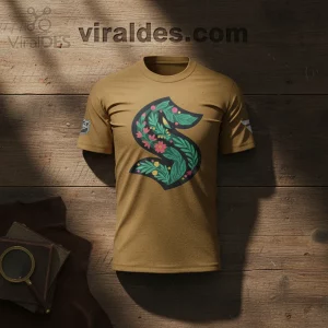 Olive green heathered tee with large botanical 