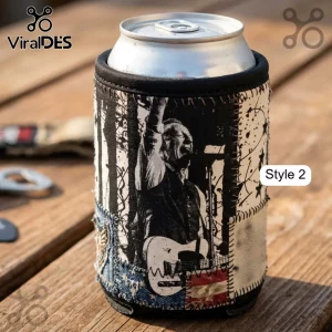 Patchwork can cooler with a black and white rock musician, white guitar, American flag patch, and denim details!