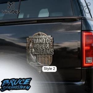 Bronze and silver 3D decal with Bruce Springsteen and text Land of Hope & Dreams Springsteen & E Street American Tour!