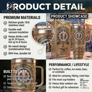 Fallout 30th Anniversary Luxury Gold Vault Boy Red Rocket Station Tumbler