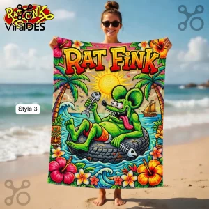 Kustom Kulture style Rat Fink beach towel! Green monster on a tire float, tropical scene, vibrant colors, 'RAT FINK' text!