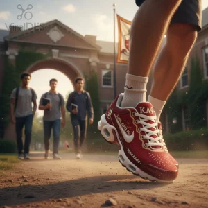 Maroon athletic shoe, white sole and laces! Gold 'KAY' on tongue! 'KAPPA ALPHA PSI' and '-YOUR NAME-' on side! Fraternity crest! White swoosh!