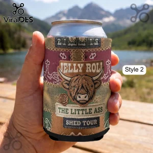A patchwork can cooler with a Highland cow graphic and text Jelly Roll The Little Ass Shed Tour in maroon, tan, and brown!