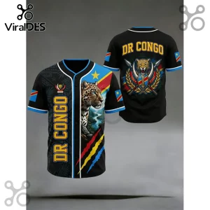 DR Congo baseball jersey in black with leopard graphic and flag colors! Text says DR CONGO in yellow!