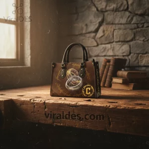 Brown fantasy handbag with gold and silver rings, Elvish script, gold 'C' logo, and 