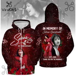 Selena Quintanilla red tribute hoodie with roses! Text reads 30th Anniversary and In Memory of Selena Quintanilla 1971-1995!