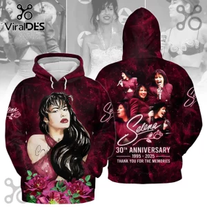 Red Selena hoodie with 30th Anniversary 1995-2025 text! Memorial photo collage design with roses and singer's portrait!