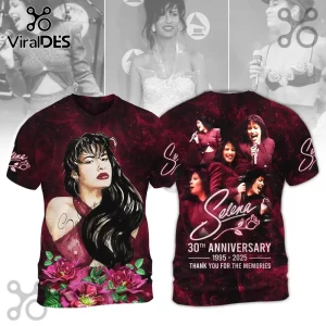 Selena 30th Anniversary tribute shirt in dark red with photo collage text 1995-2025 Thank you for the memories!