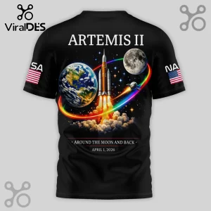 Black space t-shirt with Artemis II rocket launch, Earth, Moon, and text 'Around The Moon and Back April 1, 2026'!