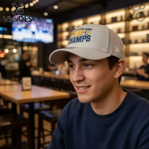 Light grey championship baseball cap, yellow M blue 20 CHAMPS text, BASKETBALL NATIONAL above! New Era logo!