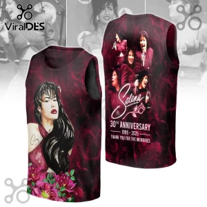Red and black Selena 30th Anniversary tank top with illustrated portrait and photo collage! Text says Thank You For The Memories!