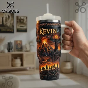 Black fantasy tumbler with glowing lava, dark tower, silhouettes, gold KEVIN text, and Elvish script!