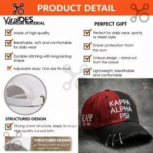 Red and black distressed cap with white text 'KAPPA ALPHA PSI' and 'KAY EST. 1911' with silver safety pins on the brim!