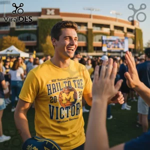 Bright yellow t-shirt with blue and orange collegiate design! Features 