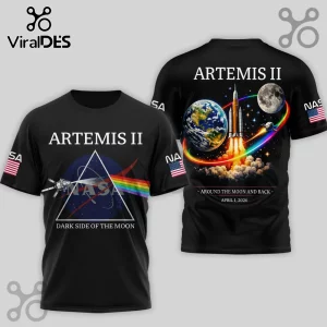 Black T-shirt with Artemis II Dark Side of the Moon Pink Floyd parody graphic with NASA logo, rainbow prism, and space rocket!