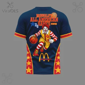 Blue retro tee features Ronald McDonald dribbling basketball with McDonald's All American Games, EST 1977, and 26 star!
