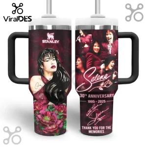 A Selena Quintanilla 30th Anniversary memorial tumbler with red roses and text 