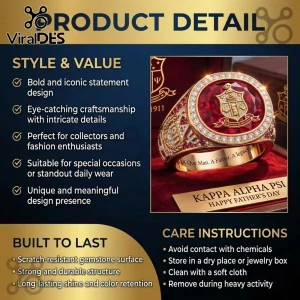 Gold Kappa Alpha Psi ring with a large red gemstone, diamond accents, and text 'A Que Man. A Father. A legacy.'!