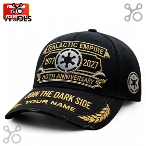 Black distressed baseball cap with gold 'GALACTIC EMPIRE 1977 2027 50TH ANNIVERSARY' text and Imperial logo! 'JOIN THE DARK SIDE YOUR NAME' on brim!