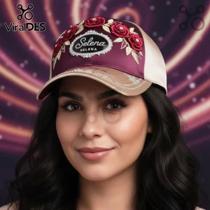 Burgundy trucker hat with embroidered red roses and rhinestones with the name Selena SELENA on a central patch!
