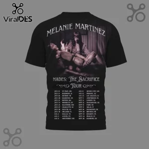 Black Melanie Martinez Hades The Sacrifice Tour t-shirt with concert dates and photo of the singer with a burning mannequin!