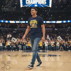 Navy blue tee with bold gold and white collegiate graphic! Text reads 'COLLEGE BASKETBALL NATIONAL CHAMPS 2023 MICHIGAN WOLVERINES'!