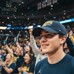 Navy blue baseball cap with yellow print style CHAMPS MICHIGAN NCAA BASKETBALL text and white '47' logo! Dark blue shirt with gold Jumpman logo!