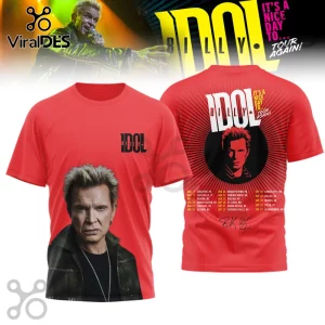 Red Billy Idol t-shirt with photo on front and It's A Nice Day To... Tour Again! graphic and dates on the back!