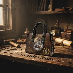 Brown faux leather handbag with fantasy rings, gold Elvish script, and a vertical 'MARINERS S' logo!