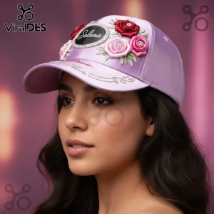 Lavender hat with a black 'Selena' patch, red and pink fabric roses, and rhinestone embroidery on the brim and flowers!