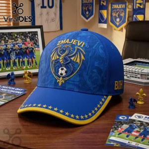 Blue and yellow sports cap with embroidered dragon crest, soccer ball, and text ZMAJEVI and BIH on the side with stars on the brim!