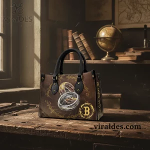 Brown satchel handbag with Lord of the Rings style gold, silver, dark rings, Elvish script, a golden B, and RED SOX text!