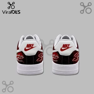 Custom shoes with red roses, a black galaxy print, and white 'Selena Anniversary' script text on the heel!