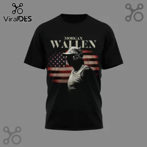 Black t-shirt with vintage Morgan Wallen graphic, American flag background, and distressed 