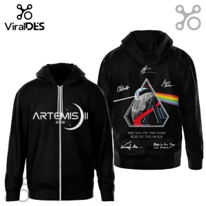 Black zip hoodie with white Artemis II 2026 on front! Back has Dark Side of the Moon parody with astronaut signatures!