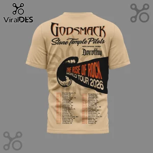 Tan t-shirt with back print for Godsmack Stone Temple Pilots The Rise of Rock World Tour 2026 with special guest Dorothy!